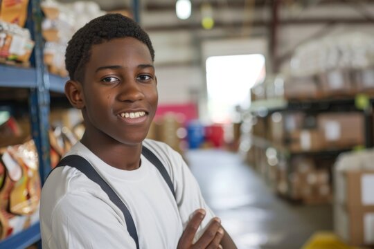 Teen boy smiling confidently in a warehouse