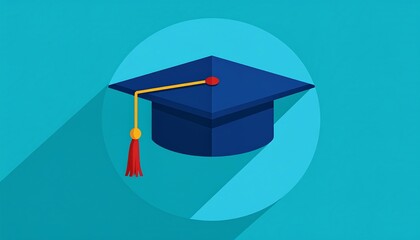 Flat style graduation cap with a long shadow on a teal background in a circular frame