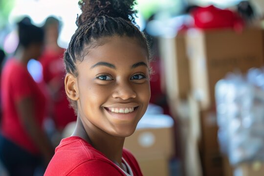 Young girl smiling while volunteering at an event - Powered by Adobe