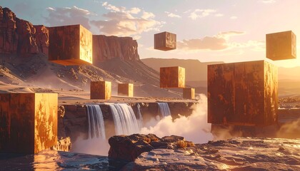 Floating cubes above a desert waterfall landscape, bathed in warm sunlight under a cloudy sky