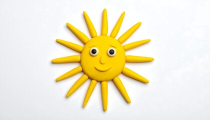Cheerful yellow clay sun with a simple smiley face, set against a bright, clean white background