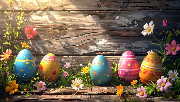 Colorful Easter eggs arranged against weathered wood with flora and light, creating a vibrant spring scene - Powered by Adobe
