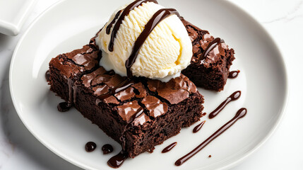 close up brownies sundae dessert on white plate for National Brownie Day, National Brownies at Brunch Month