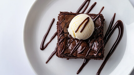 top view brownies sundae dessert on white plate with copy space for National Brownie Day, National Brownies at Brunch Month