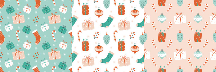 Christmas seamless pattern set with festive gifts, stocking, candy, pine cone and decorations.