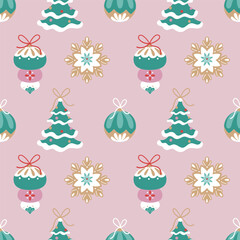 Pink Christmas ornament pattern with trees and baubles