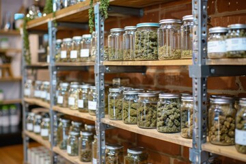 Various cannabis jars displayed on shelves in a shop