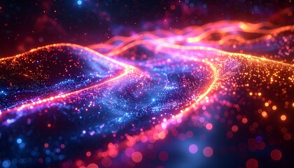Flowing digital landscape of glittering particles with warm orange and cool blue tones, creating a sense of depth