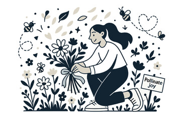 Fototapeta premium Pollinate Joy Scene. Wildflowers in bloom. A character kneels to tie a ribbon around a bouquet as petals drift like confetti; bees trace heart-shaped paths. A