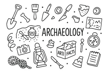 Archaeology Doodle Icons. Archaeology. Hand-drawn doodle illustration of Archaeology. shovel, brush, trowel,