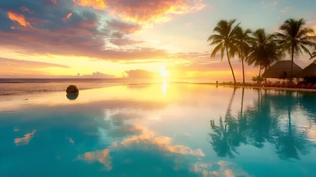 Aerial view of a serene tropical beach during sunset with a swimming pool reflecting the golden hues of the setting sun. The sky is painted in a gradient of warm colors.