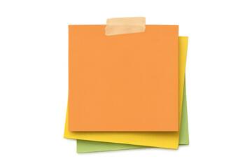 Stack of blank sticky notes with masking tape, colorful memo pads for reminder or message, transparent background