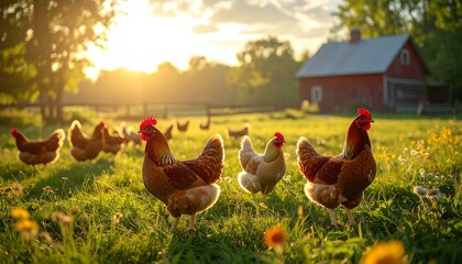 Fototapeta premium Chickens roam freely in sunlit grass. Rustic red barn is in the background. Golden hour feel, idyllic