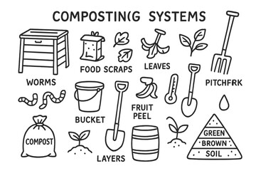Composting Doodle Icons. Composting systems. Hand-drawn doodle illustration Composting systems compost bin, food scraps, leaves, pitchfork, worms, bucket,