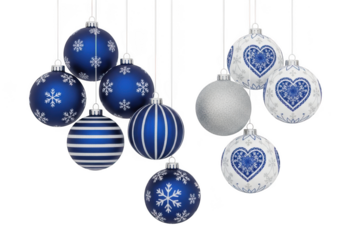 A collection of blue and white christmas ornaments with various patterns, isolated on transparent background