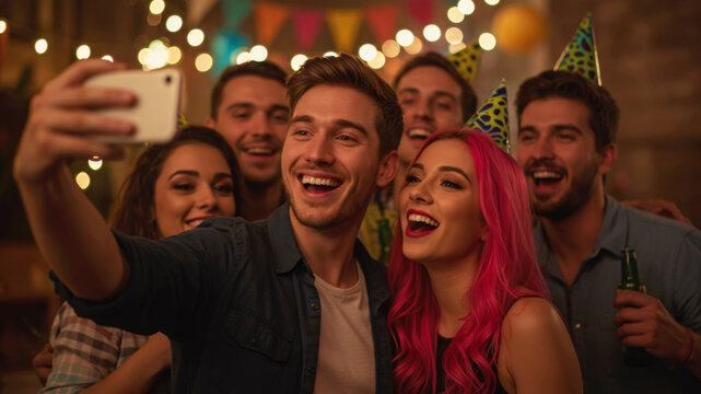 Young man taking a selfie with his friends at a casual social gathering or party, evoking fun, celebration, and friendship for holiday event.