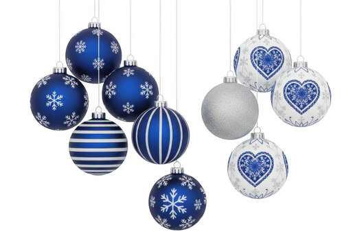 A collection of blue and white christmas ornaments with various patterns, isolated on transparent background