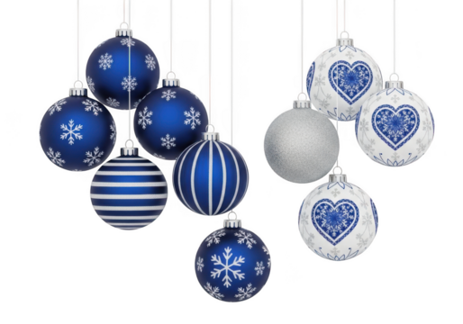 A collection of blue and white christmas ornaments with various patterns, isolated on transparent background