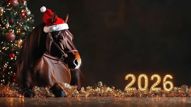 Cute brown horse wearing a Santa hat rests beside a decorated Christmas tree with golden lights and glowing 2026 numerals, evoking a warm, festive holiday celebration