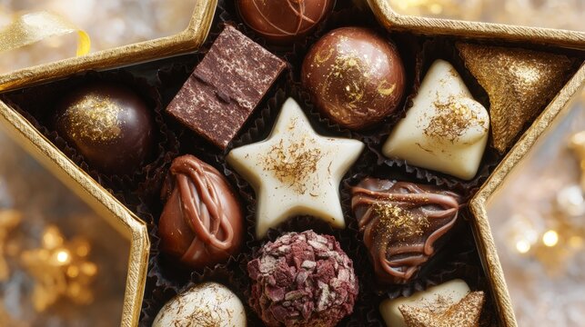A beautifully arranged selection of chocolates in a star-shaped box, featuring various textures and colors, ideal for special occasions and celebrations