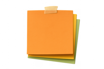 Stack of blank square sticky notes in orange, yellow, and green colors, held by tape on a transparent background