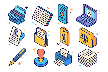 Isometric Court Icons Set. Court reporting and documentation. Colorful isometric vector icons set of Court reporting and documentation: stenography machine,