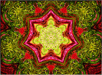 This vibrant composition features a kaleidoscopic starburst in warm red and yellow tones, woven with floral motifs in a harmonious, symmetrical design.