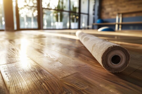 Yoga mat rolled out on wooden floor in bright room