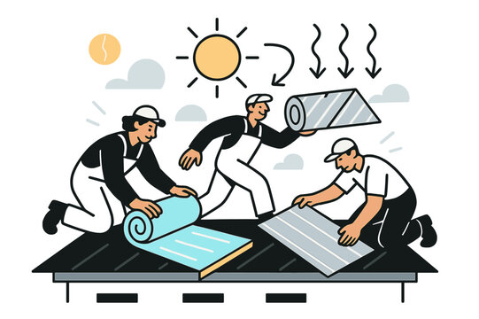 Eco-Friendly Roof Installation. Roof retrofitting. Workers adding glowing insulation layers and reflective