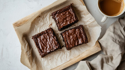 Delicious brownie squares served with aromatic coffee on a rustic tray with copy space for National Brownie Day, National Brownies at Brunch Month
