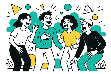 Obraz premium Joyful Outdoor Laughter. Laughing in a Group. People outdoors laughing and joking together with floating abstract geometric shapes, happy and