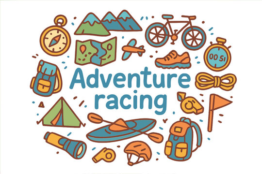 Adventure Racing Elements. Adventure racing. Hand-drawn doodle illustration of adventure racing. Compass, map,
