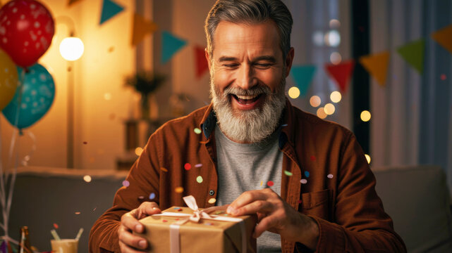 Smiling man with gray beard opening gift box with confetti falling around him during a festive celebration. Birthday party at home concept. - Powered by Adobe