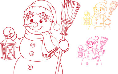 Festive snowman illustration with lantern and broom for winter holiday cheer on transparent background