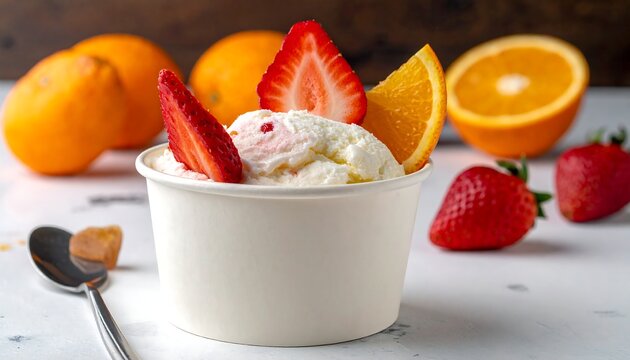 Cup of white ice cream garnished with strawberry slices and orange segment, with background oranges and strawberries