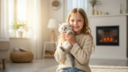 Girl holding cute kitten. Woman playing with domestic animal. Concept of pet adoption, animal care, responsible pet ownership, and child pet bond.
