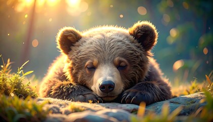 Cute brown bear cub sleeping peacefully on a grassy patch, bathed in warm, golden sunlight