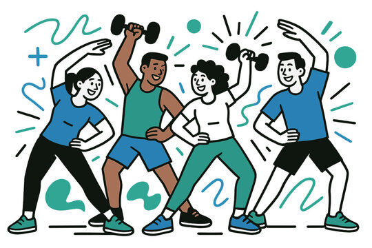 Energetic Fitness Teamwork. Group Fitness Class. Participants stretch and lift in sync, smiling and motivating