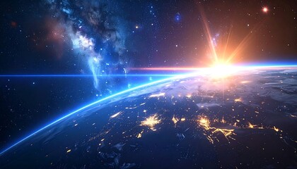 Earth from space, sunrise glowing through the atmosphere and lighting city lights on the surface