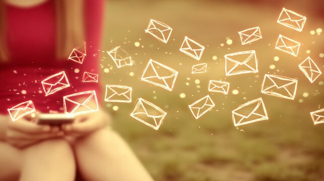 Female in red dress interacts with smartphone outdoors, with illustrated envelopes floating around, symbolizing digital communication and connectivity in a lively setting - Powered by Adobe