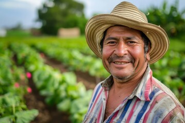Smiling man working in a vegetable field
