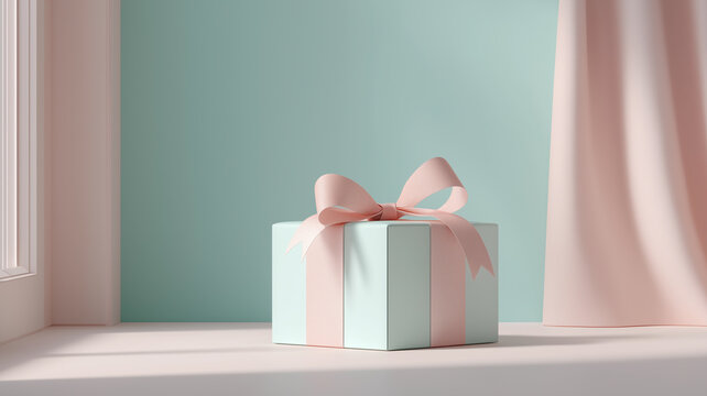 A beautifully wrapped gift box in gentle pastel tones rests on a bright surface, radiating calmness Generative AI