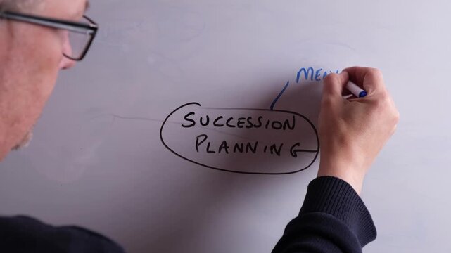 An HR business professional is creating a mind map on a whiteboard with Succession Planning as the main topic, perfect for HR and recruitment presentations.