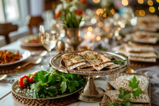Elegant table setting with traditional flatbreads and fresh vegetables - Powered by Adobe