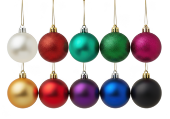 Collection of ten colorful christmas ornaments hanging in two rows isolated on transparent background