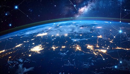 Earth view from space at night, cities aglow, connected by network lines in the starry expanse above