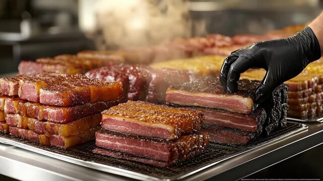 Close-up of glazed pork meats in professional kitchen setting