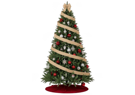 A beautifully decorated christmas tree with red and silver ornaments and a burlap ribbon, isolated on transparent background