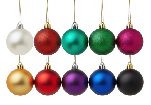 Collection of ten colorful christmas ornaments hanging in two rows isolated on transparent background