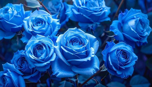 Captivating cluster of bright, unusual blue roses with dark green leaves, filling frame with beauty and intrigue